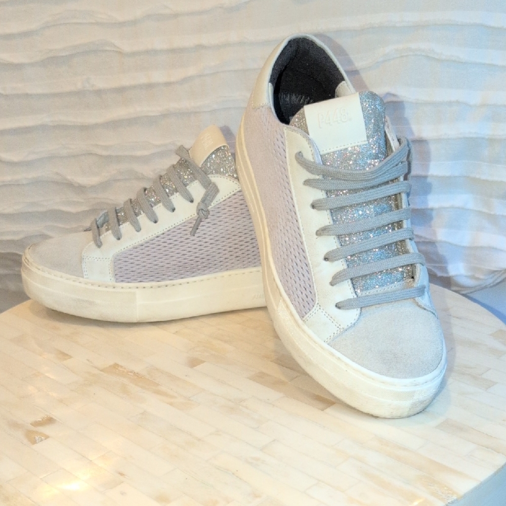 P448 Women's Silver and White Sneakers Size 40